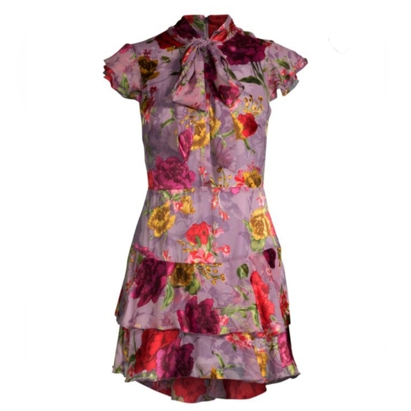 Alice + Olivia Lashay Tie-Neck Ruffle Chiffon Mini Dress